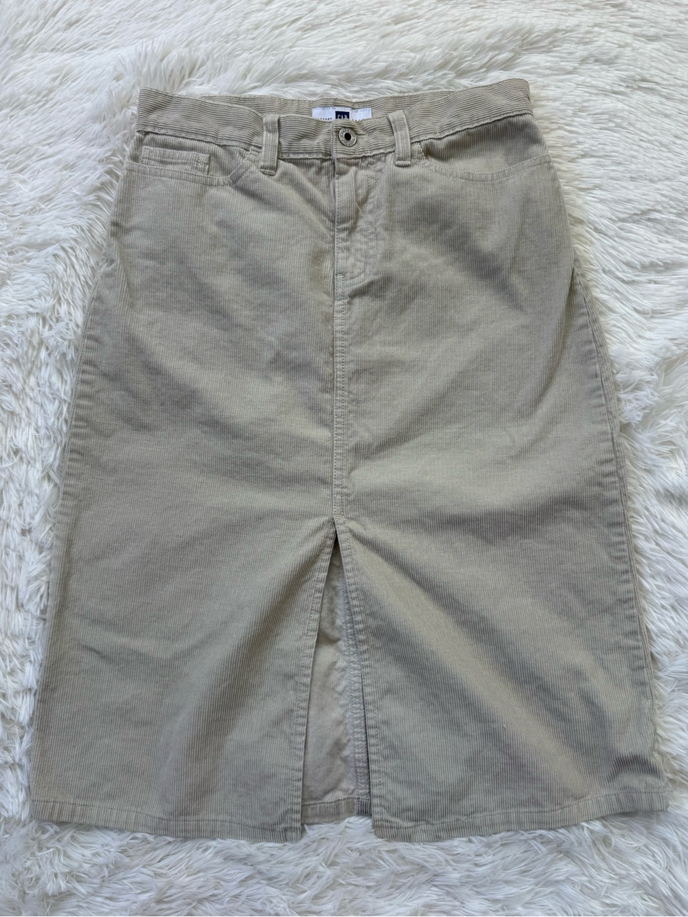 Y2K GAP tan khaki corduroy pencil midi skirt front slit size 4-6 small office